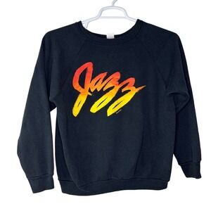 Vintage 80s Jazz Music Sweatshirt Women's Large Black Raglan Graphic Print Retro